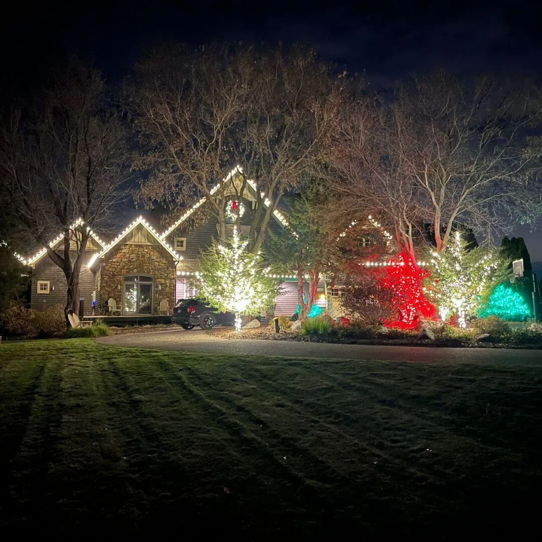 Permanent LED lighting on a Twin Cities lakeside home at blue hour