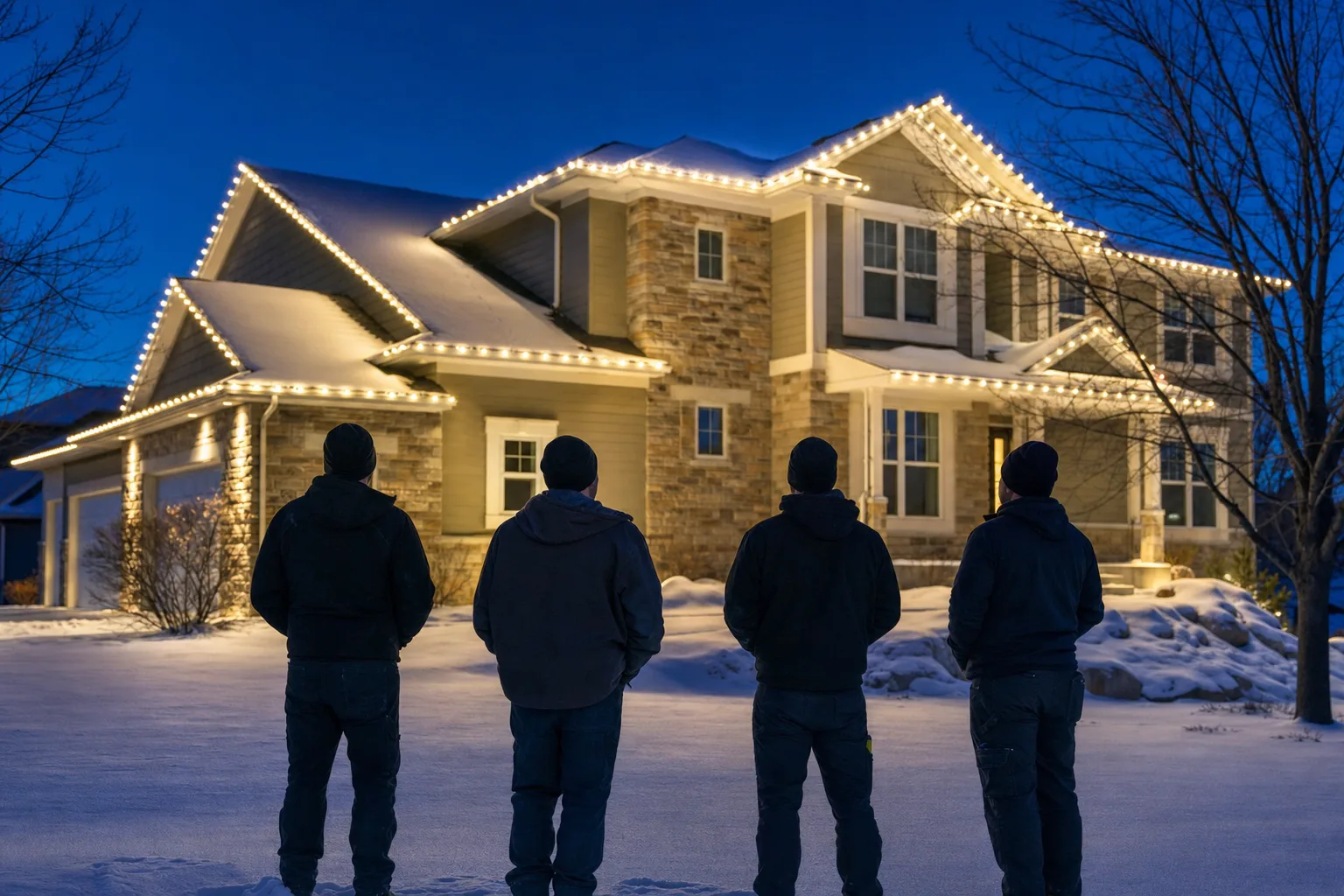 MN Lighting Squad crew portrait in front of a Twin Cities home with warm-white holiday lighting at blue hour