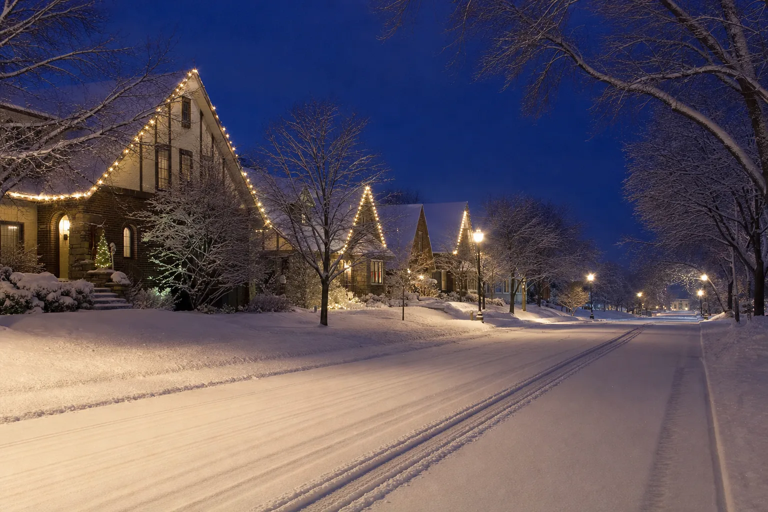 Snowy Twin Cities residential street at blue hour with warm holiday lights glowing on the homes