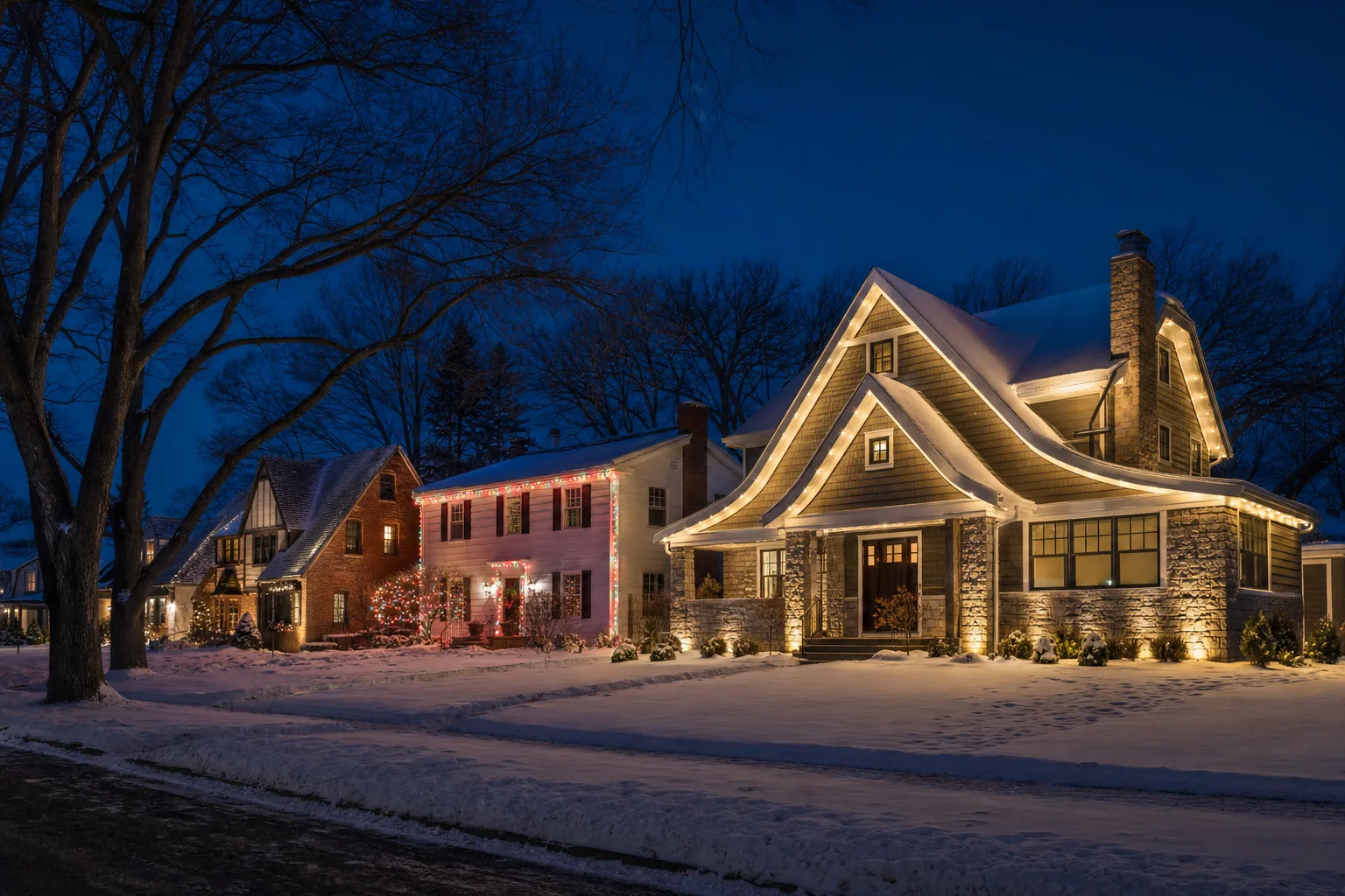 Mosaic of real MN Lighting Squad Twin Cities holiday and permanent LED lighting installs at blue hour