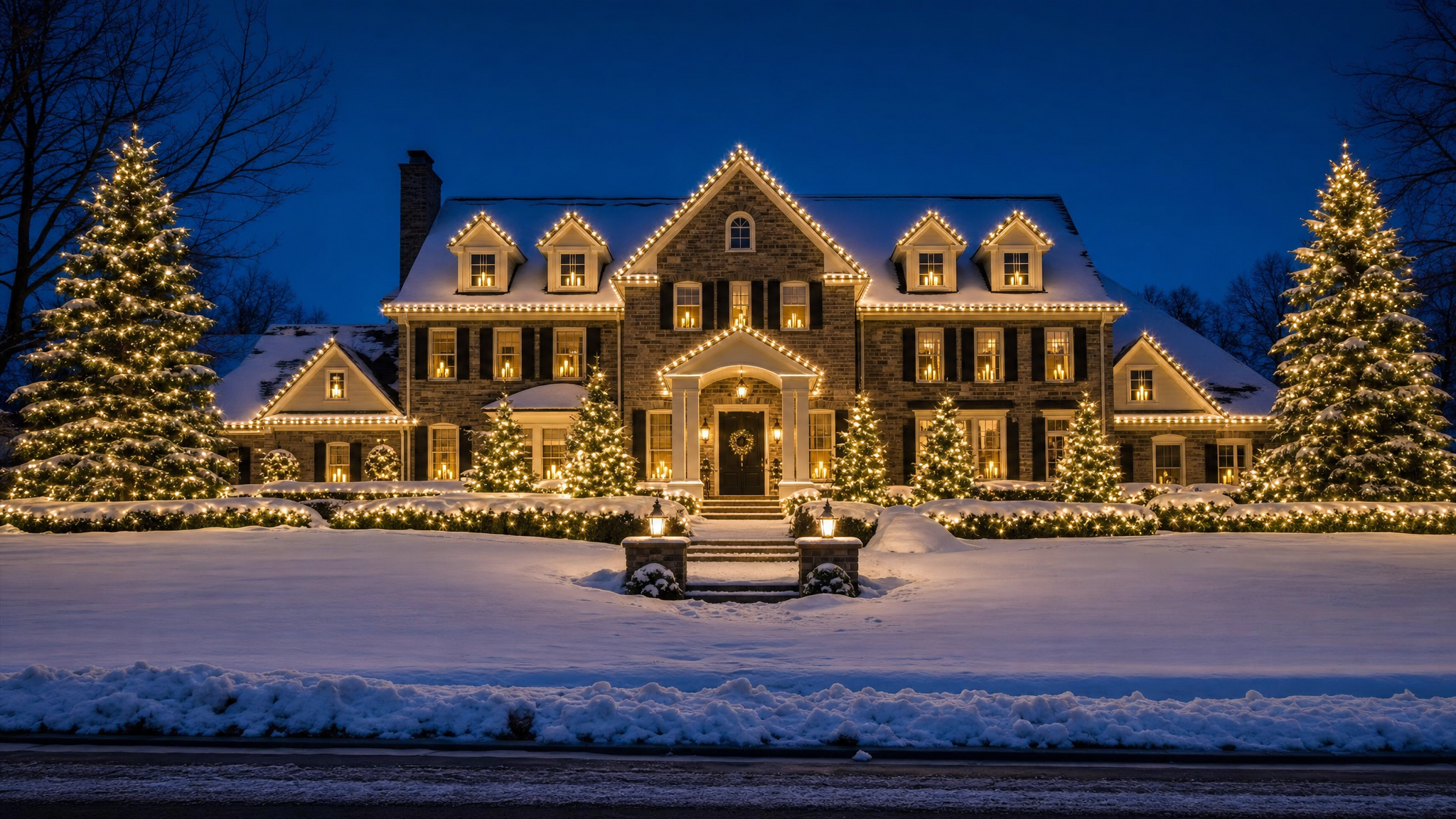 Stately Twin Cities Colonial home draped in warm white LED holiday lighting
