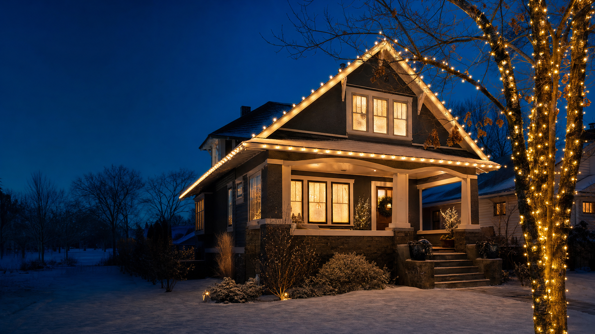 Twin Cities craftsman bungalow with warm holiday roofline lights and tree wraps in deep winter snow, blue-hour twilight