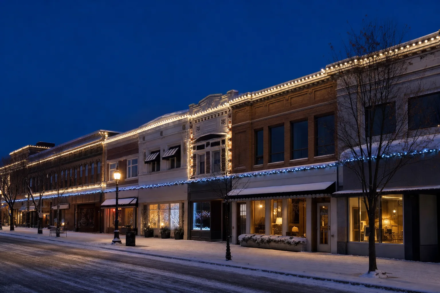 Twin Cities commercial retail corridor at blue hour with warm-white roofline lighting installed by MN Lighting Squad