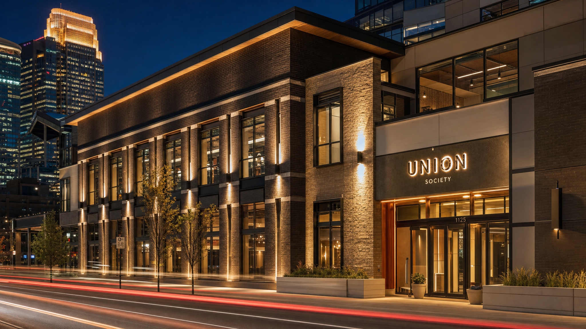 Minneapolis commercial storefront with warm-white LED accent lighting along the roofline
