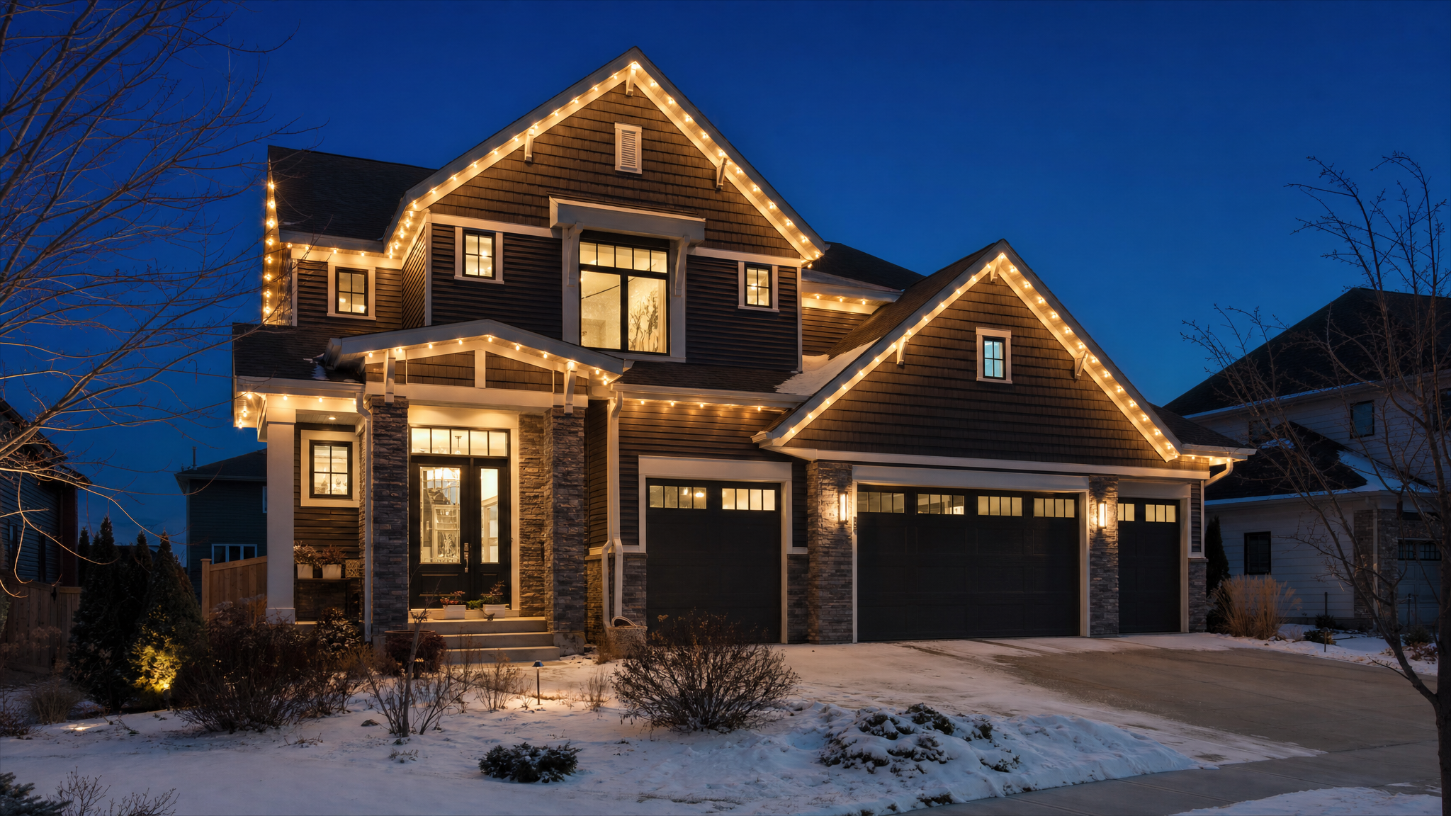 Twin Cities home with clean roofline lighting adding curb appeal on a winter evening