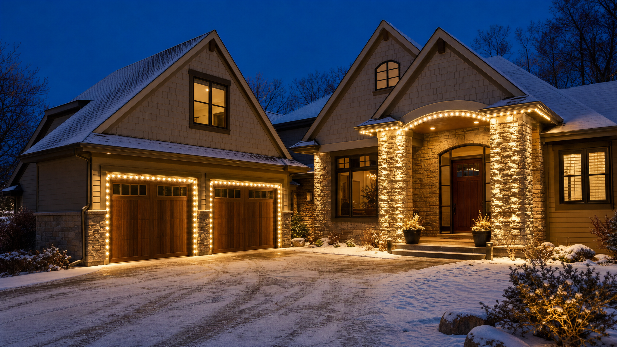 Craftsman Twin Cities home with warm white LED lights outlining the garage doors, front portico, and entry pillars at night