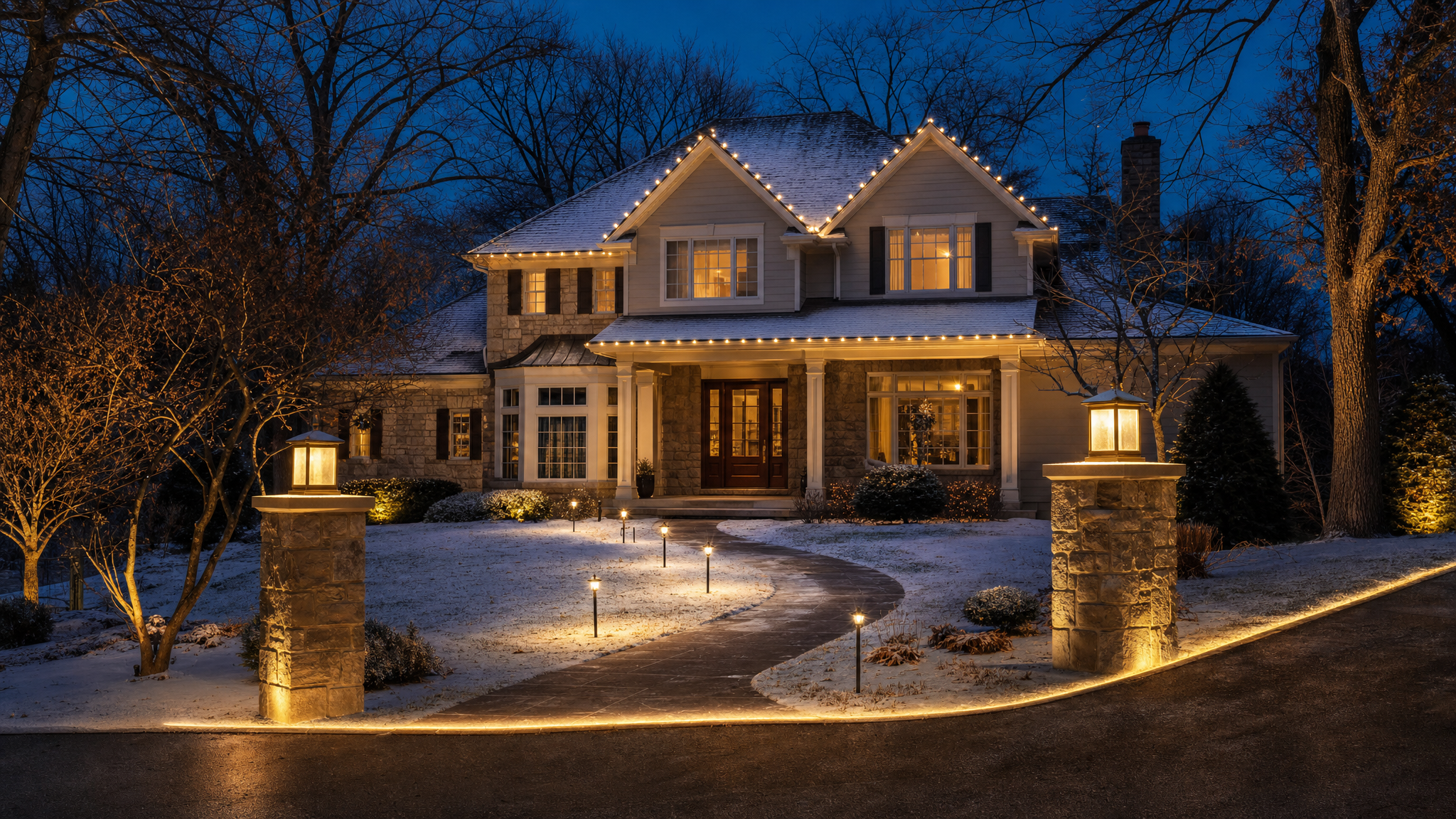 Curved snowy walkway lined with warm white ground-stake pathway lights leading to a lit Twin Cities front porch at dusk