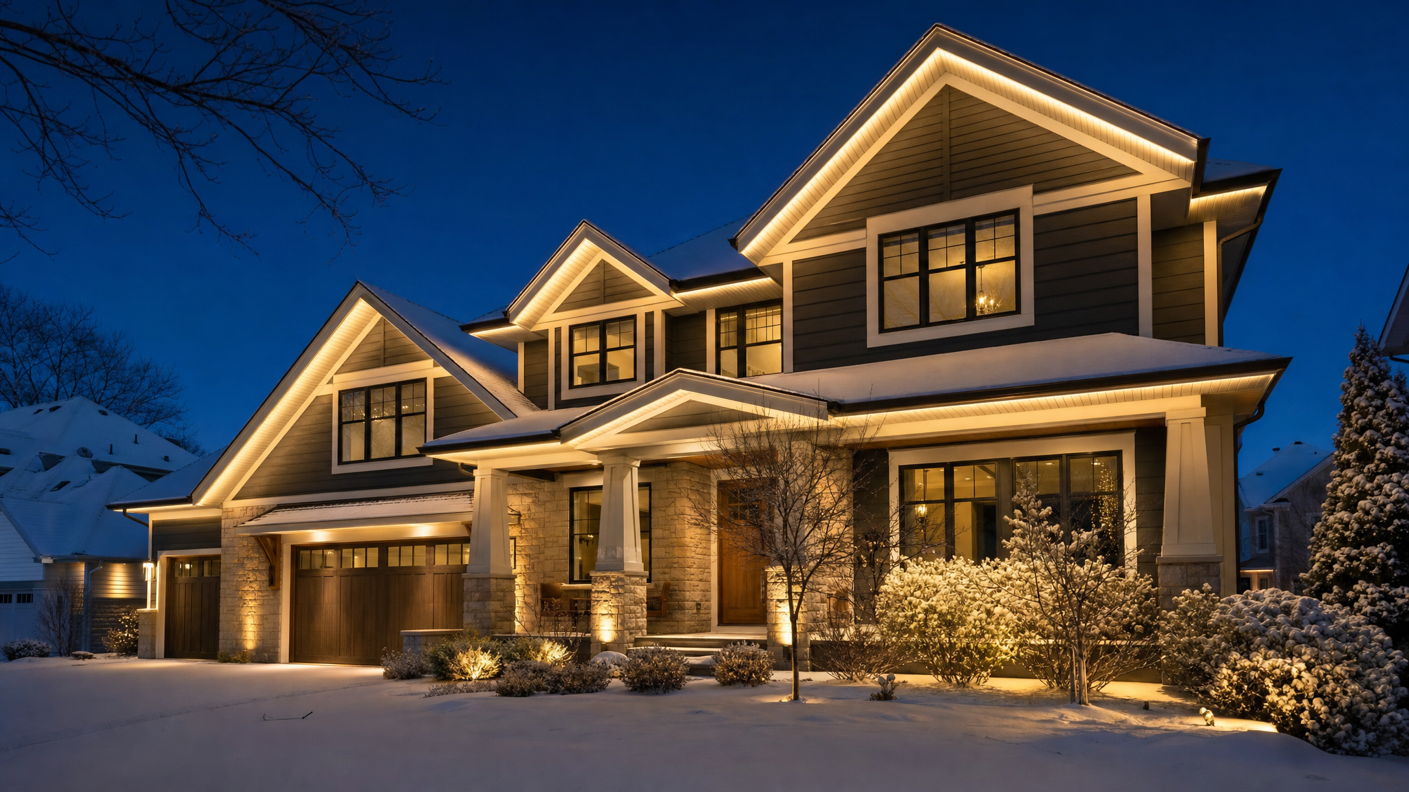 Modern Twin Cities craftsman home with a discreet permanent LED channel tucked under the soffit glowing warm white on the roofline at dusk