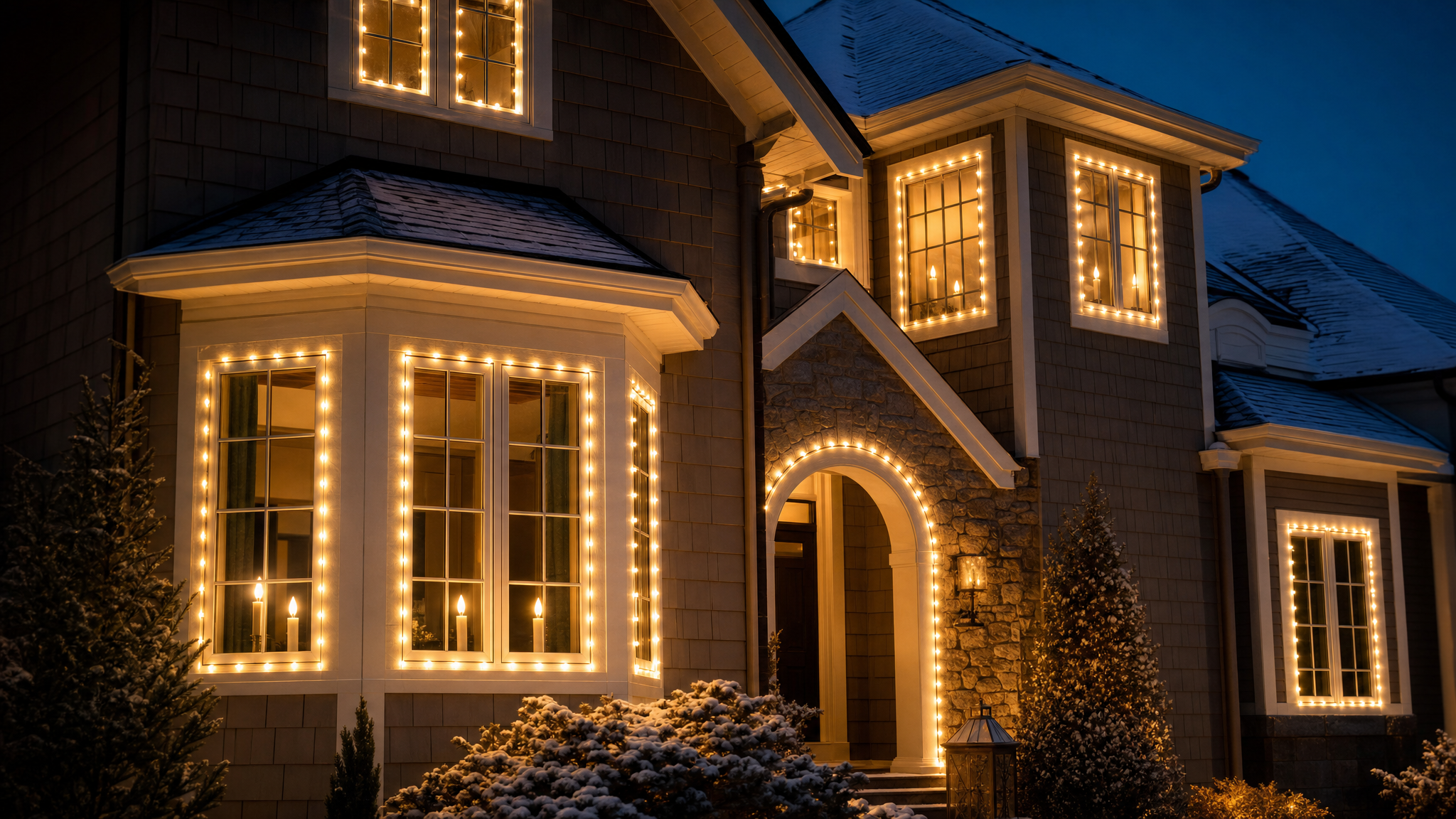 Warm white LED lights outlining exterior window frames with matching candle silhouettes visible in interior windows of a Twin Cities home at dusk